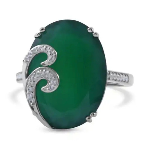 Green Onyx and White Zircon Ring In 925 Sterling Silver - Picture 7 of 8